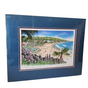 Jim Krogle 1993 Print Laguna Beach Main CA Signed Matted 14x11 Blue border